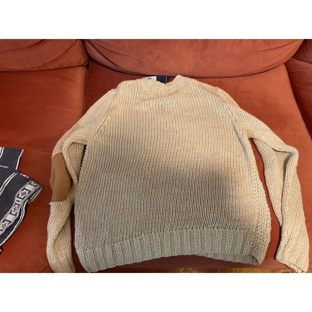 Polo Ralph Lauren Linen Silk Chunky Knit V-Neck Sweater Elbow Patches Tan M - Picture 5 of 5